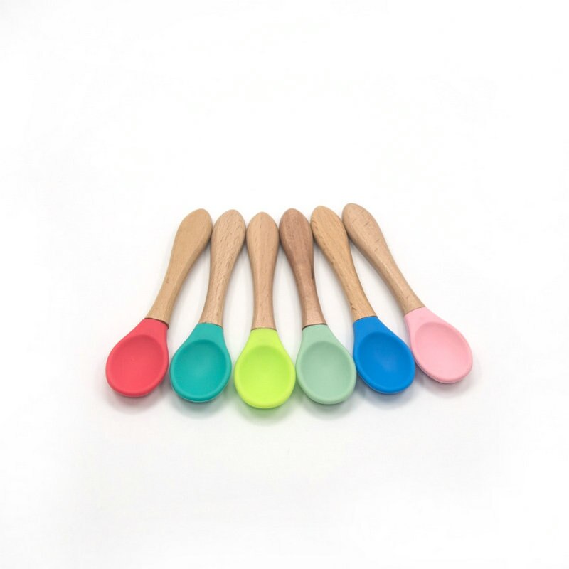 2PCS Baby Bamboo Training Spoons Organic Soft Baby Feeding Silicone Tip Spoon Scoop Easy Grip Handle Toddlers Infant