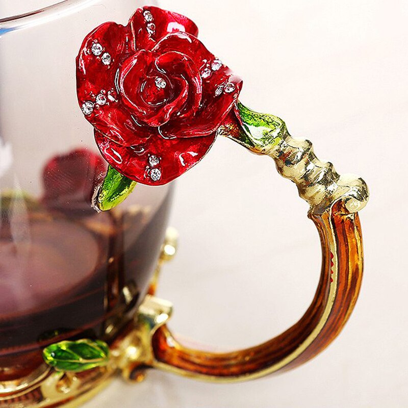 Red Blue Rose Enamel Crystal Tea Cup Coffee Mug Butterfly Rose Painted Flower Water Cups Clear Glass with Spoon Set Perfect