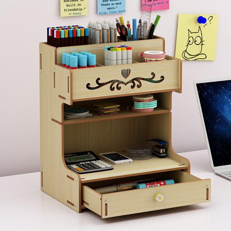 Wooden Pen Holder with Drawer Multi-Functional Desktop Stationary Pencil Box Home School Office Art Supplies Organizer Rack