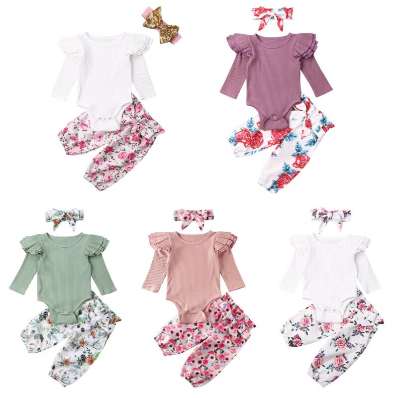 3Pcs Infant Baby Girls Tops Romper Floral Pants Outfits Set Clothes