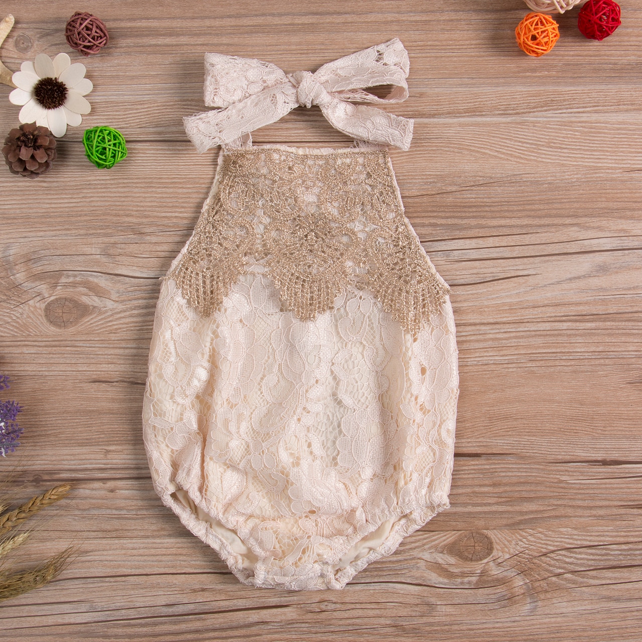 Solid Sleeveless Self Tie Straps Lace Romper for Baby Girl