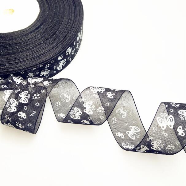 5 meters/partij 25mm Cartoon Vlinder Linten Gedrukt Organza Lint Tape voor Handwerken DIY cadeaupapier Decoratie: BLACK