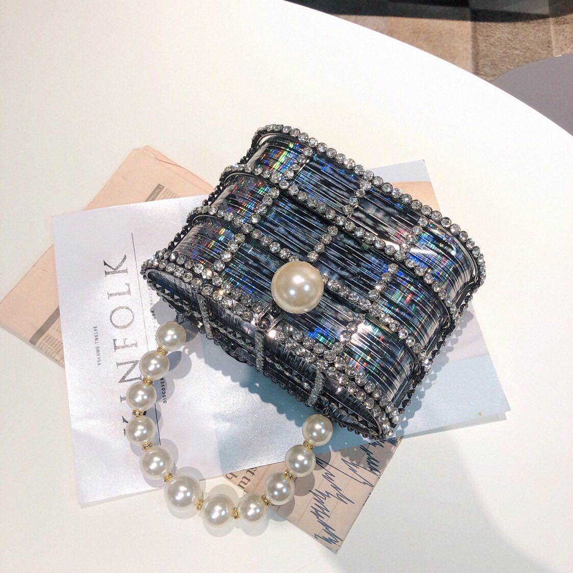 Diamante de luxo pérola bolsa designer embreagem noite saco pérolas talão topo alça bolsa tote balde gaiola forma festa saco