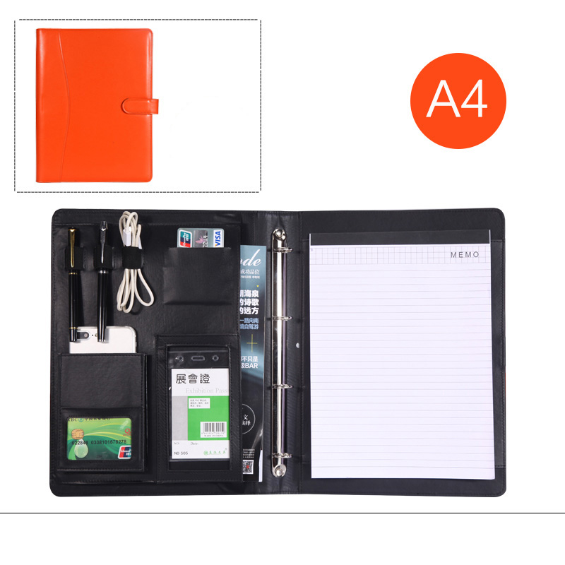 PU artificial leather folder ring binder a4 portfolio for documents padfolio briefcase with notebook cellphone holder 1210C: orange A style