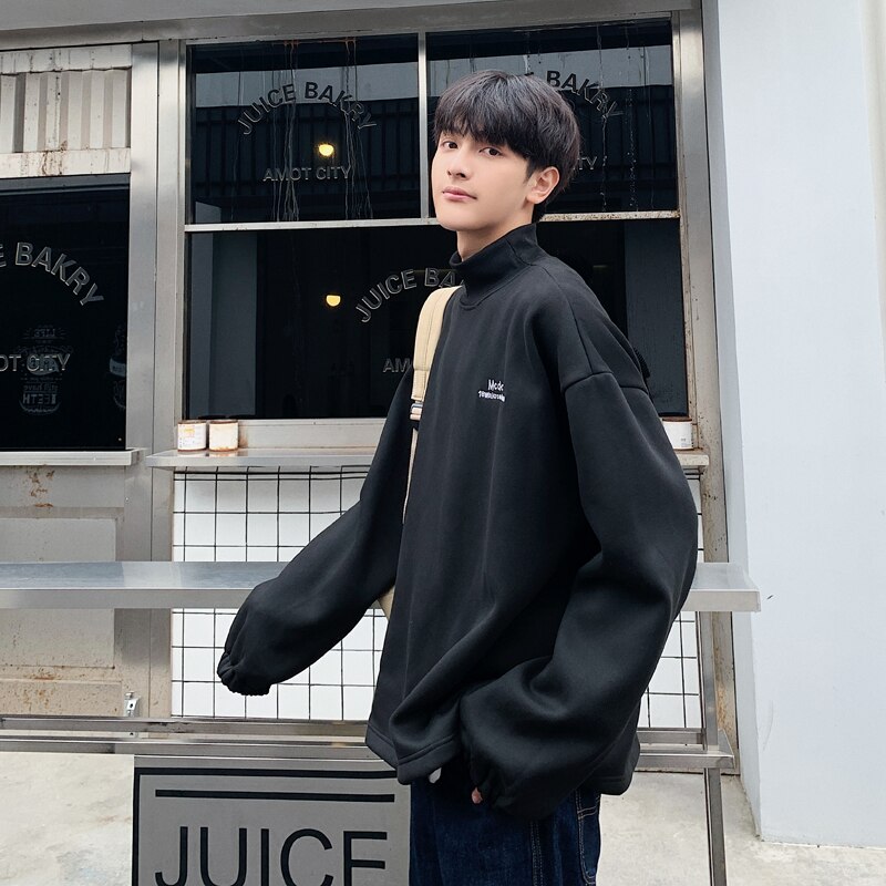 Black Hoodie Men Oversize Turtleneck Thicker Letter Winter Clothes Mens Hoodies Pullover Korean Hip Hop Streetwear Warm