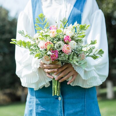 JaneVini Seide Brautjungfer Bouquets Künstliche Pfingstrose Rose Trouw Boeket Kleine Größe Braut Hochzeit Bouquet Griff Braut Blumen: Light Pink Rose