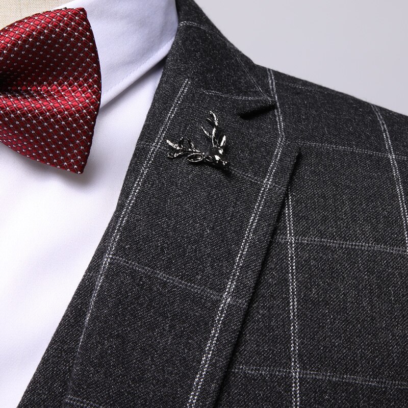 ( Jacket + Vest +Pants ) Boutique Black Plaid Men's Formal Business Suit Three-piece Groom Wedding Dress Party Show Suit