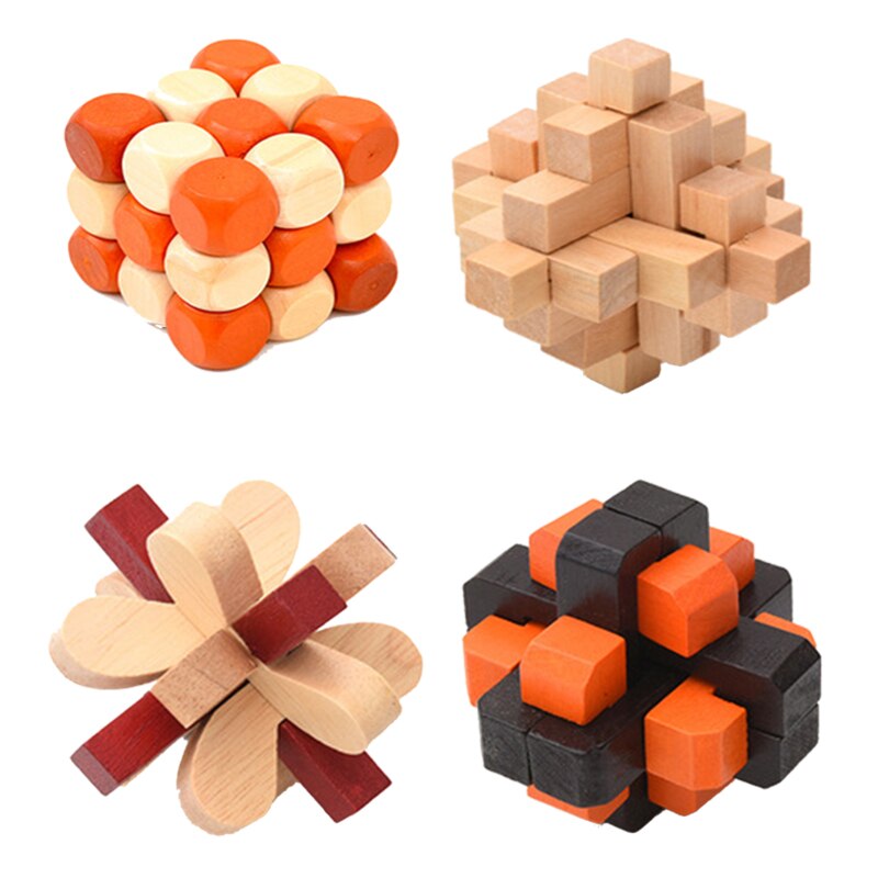 4Pcs/Set Intellectual unlock game Luban Lock Insert and assemble toys Decompression cube Wooden lock toy brain game: Set 1