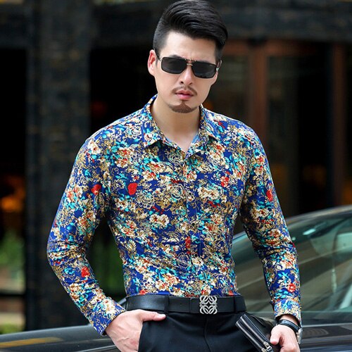 Chemise manches longues pour hommes, style Baroque en soie dorée, de luxe, Chemise pour hommes, en soie, lait, bronzage, couleur XXXL: Blue / S