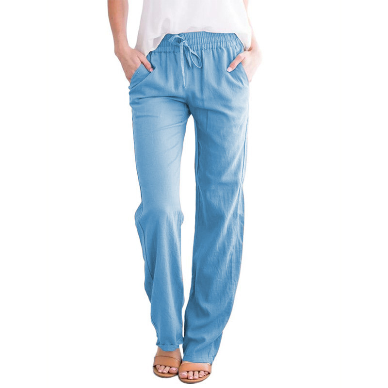 Spring/Summer Women's European and American Solid Cotton Hemp Drawstring Loose Relaxed Wide Leg Pants: L / SKY BLUE