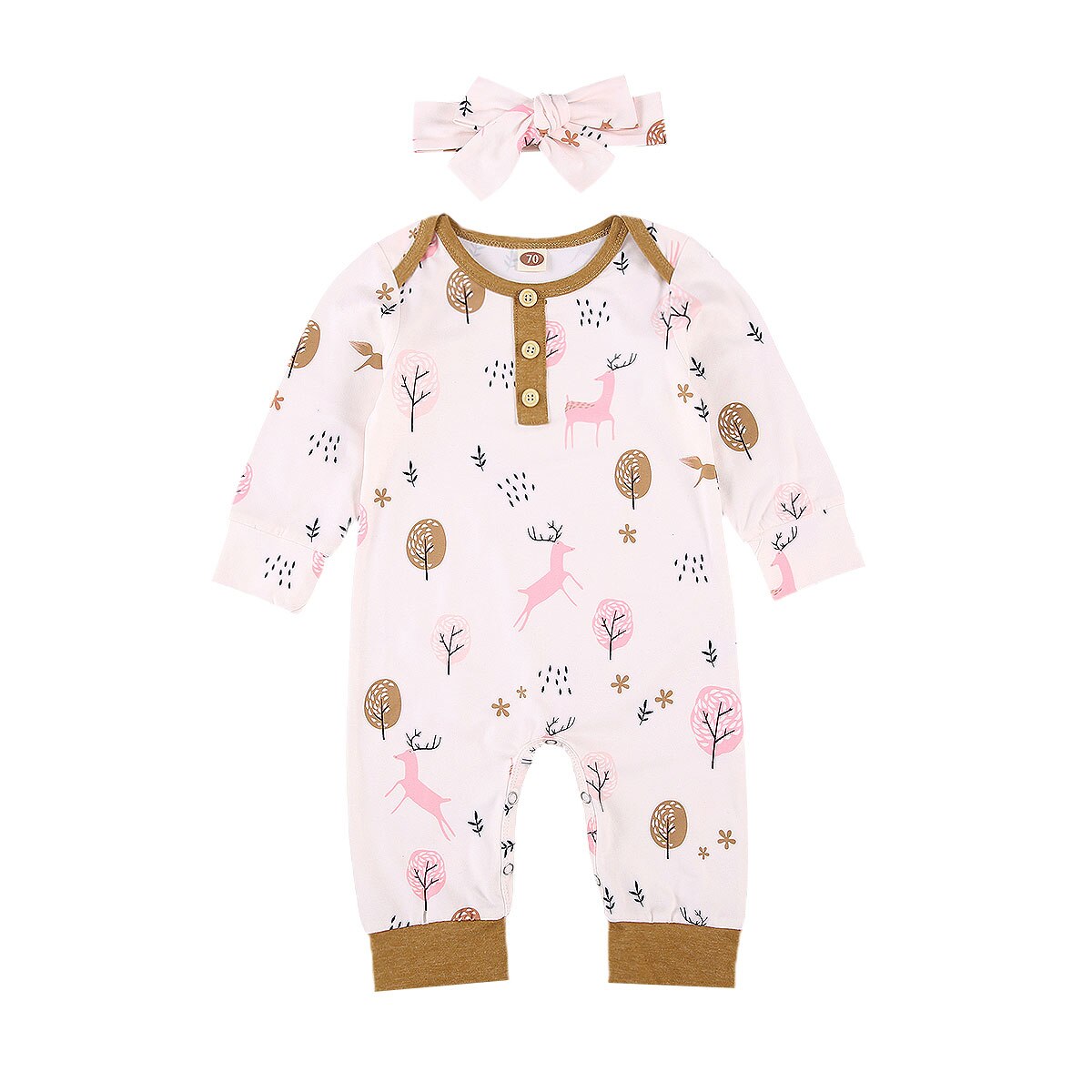 0-24M Newborn Baby Girls Boys Cotton Cartoon Long Sleeve Loose Jumpsuit Button Decoration Cute Bow Headband