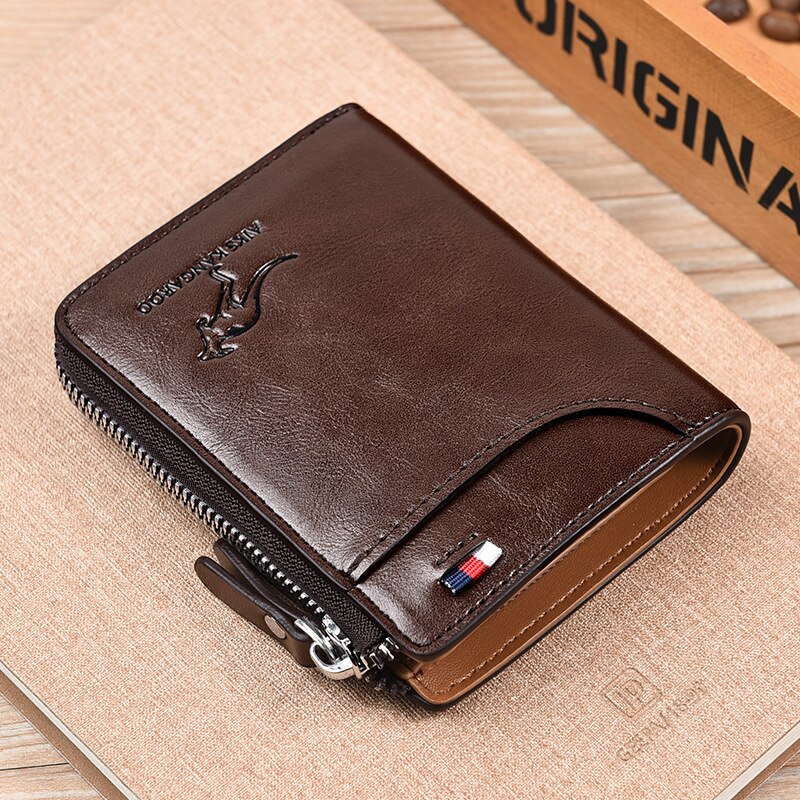 Men’s RFID Blocking Wallet Large Capacity Credit Card Holder Case Anti-Theft Vintage Business Leather Wallets Zipper Coin Purse: Brown