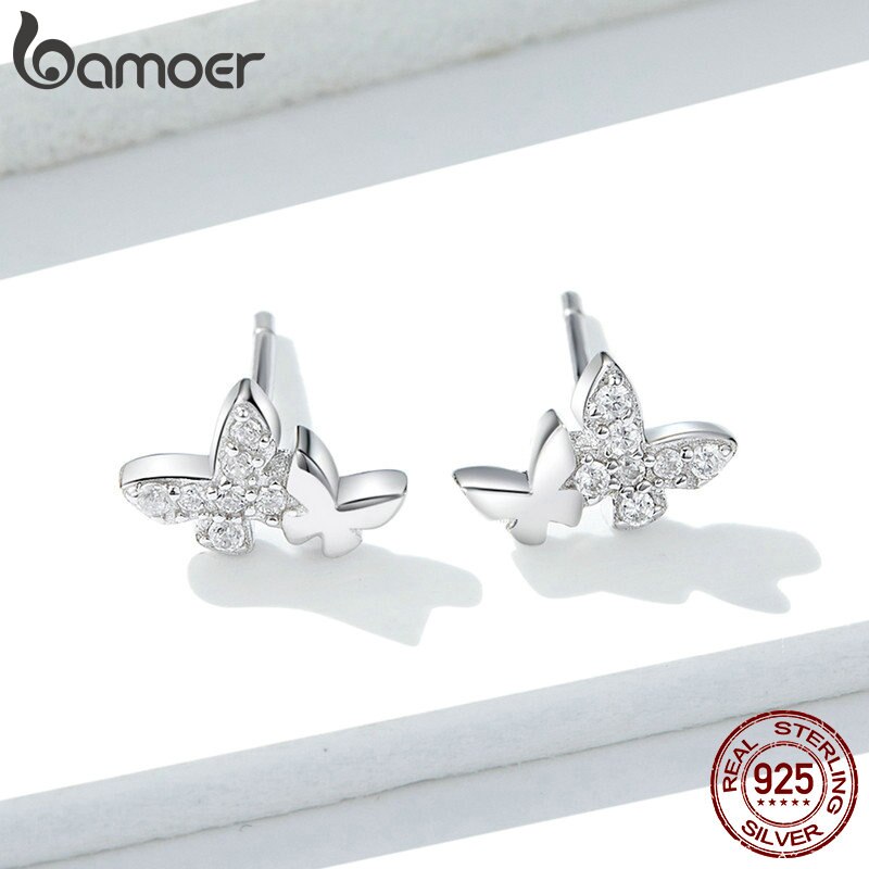 Bamoer Vliegende Vlinder Koppels Stud Oorbellen Clear Cz Glanzende Elegante Oorstekers 925 Sterling Zilver Jewely Accessoires BSE236