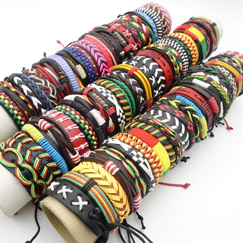 MIXMAX all&#39;ingrosso 50 pezzi bracciali polsino per uomo donna Mix stili fatti a mano in pelle gioielli moda regalo regalo scatola ridimensionabile confezionato