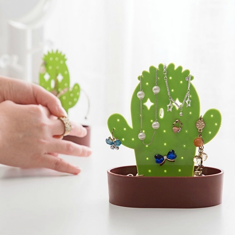 1 stk plastik kaktus form øreringe ringe holder bøjler armbånd smykker organizer display stand opbevaringsstativ til piger kvinder