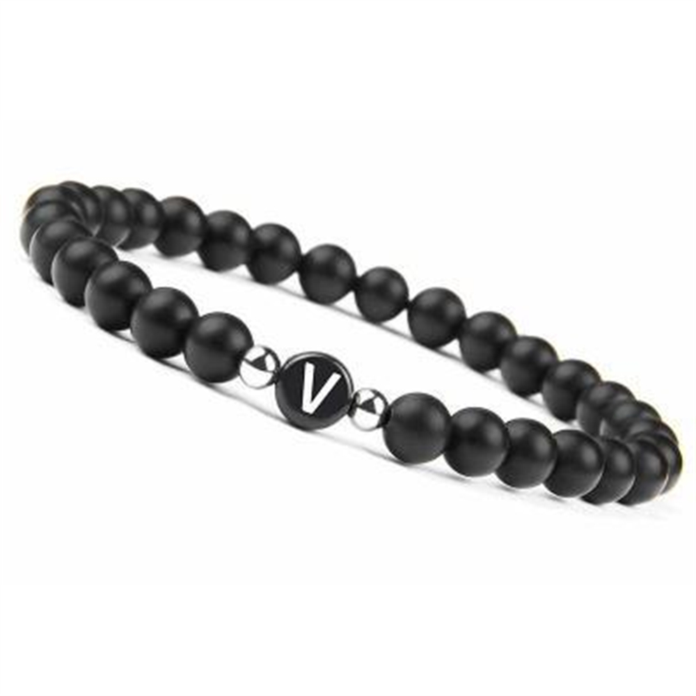 Pulsera de 26 letras de piedra blanca y negra hecha a mano DIY para mujeres, hombres, joyería para parejas, pulsera elástica de cuentas de la suerte de la amistad, para niños