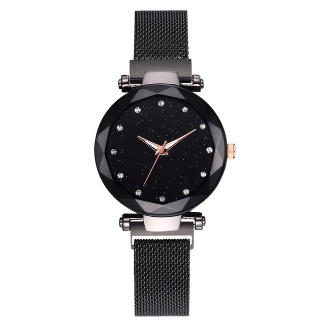 Relogio Feminino Women Starry Sky Watches Magnetic Mesh Belt Watch Women Dress Luminous Quartz Wristwatch Zegarek Damski: A Black