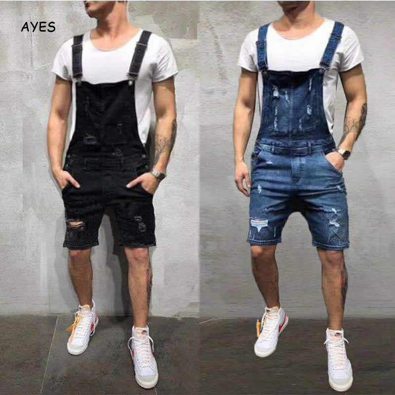 Mode Mannen Korte Ripped Jeans Jumpsuits Shorts Verontruste Shorts Bib Overalls Mens Casual Jarretel Broek Shorts Mannelijke