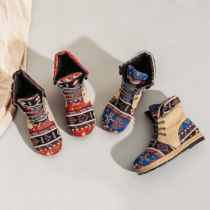 Bottes en lin brodées pour femmes, chaussures à lacets, montantes, multicolores, Espadrilles à bout rond, rétro, bottes à plateforme en toile