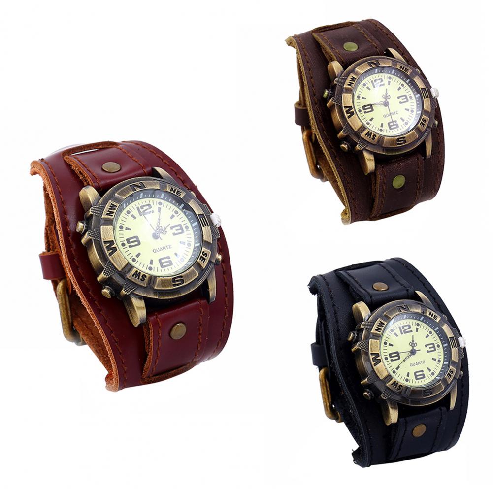 Jahrgang Frauen Männer Punk Faux Leder Runden Zifferblatt Quarz Armbinde Armbanduhren