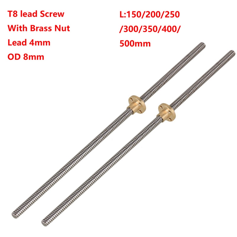 T8 Lead Screw OD 8mm Pitch 2mm Lead 4mm Length 200 300 350 400 450 500mm Threaded Rods with Brass Nut for 3D Printer Z Axis 2Pcs