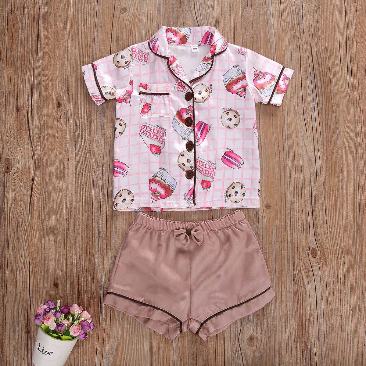 Summer Girls Printed Short-sleeved Pajamas Set Cute Cookie Pattern Comfy Cotton Sleepwear Unisex Infant Solid Color Clothing