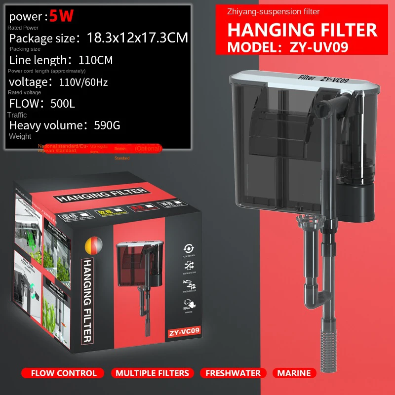 Aquarium Fish Tank Filter 110V 220V Wall Mounted Filter Pump Oil Removal Film External Grass Tank Filter Water Flow Adjustable: S / Red