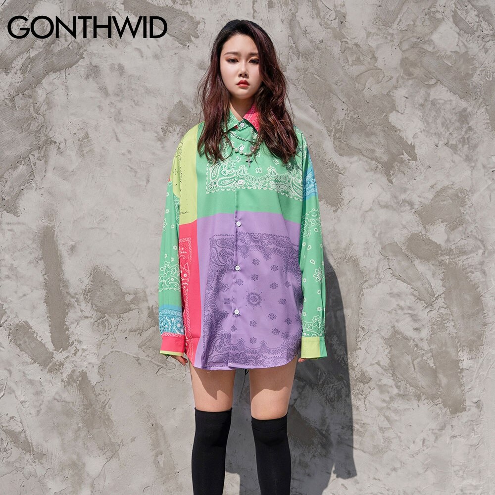 GONTHWID Bandana Paisley Pattern Color Block Hawaiian Shirts Beach Casual Long Sleeve Shirt Tops Party Harajuku Blouse
