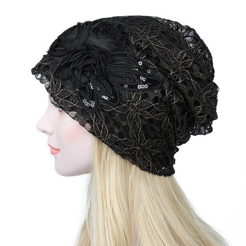 Gorro de encaje de flores para mujer, gorros ahuecados, informales, cómodos, bonito: Negro