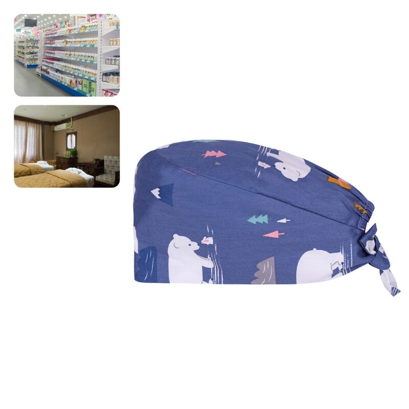 Dokter verpleegkundige katoenen werkmuts met zweetband verstelbare strik op de rug schattig cartoon dierenpatroon kalebasvormige bouffant scrub hoed h