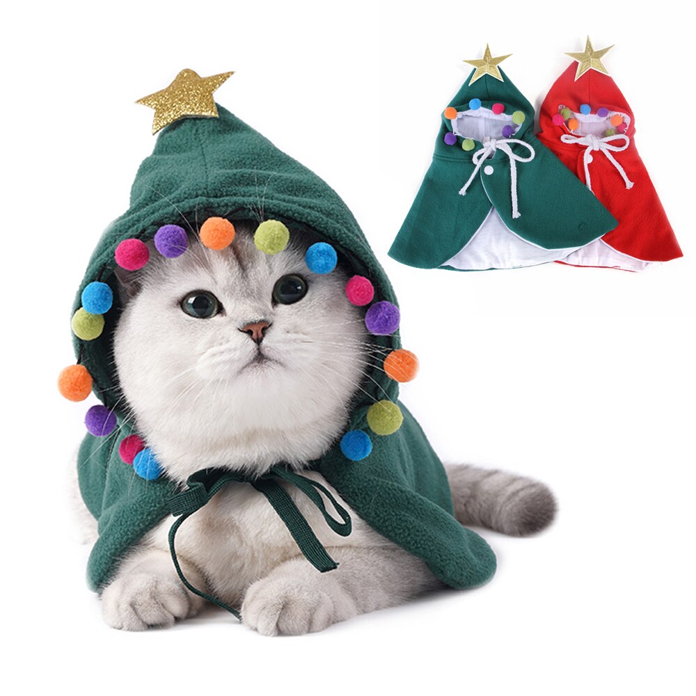 Grappige Kerst Huisdier Kleding Mantel Met Pompom Kat Kostuum Kapmantel Met Sterren Kat Mantel Kitten Kleding Home Decoratie