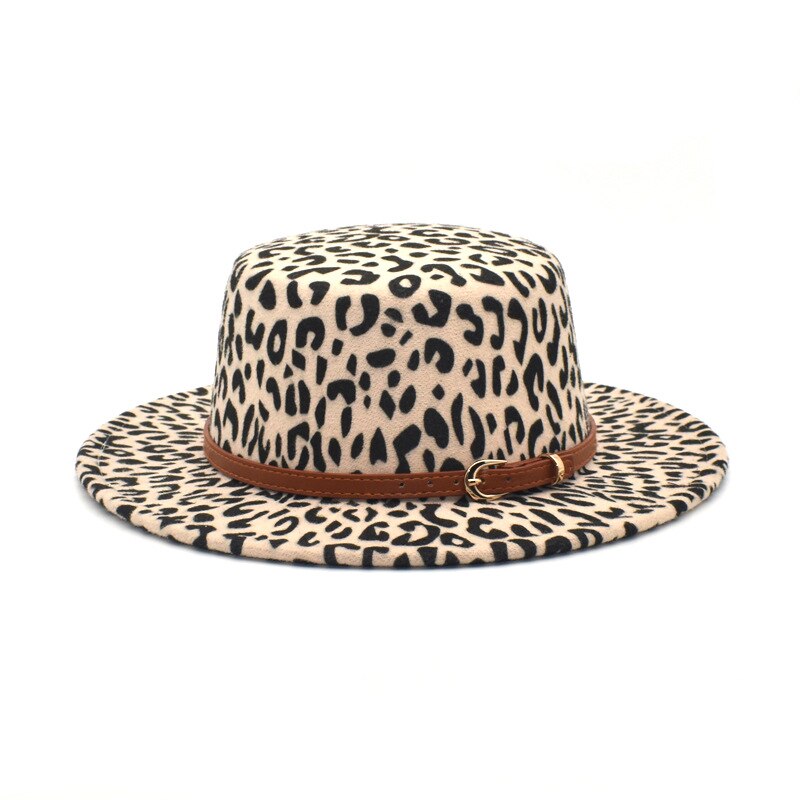 Klassisk leopardfilt fedora mænds og kvinders kunstige uld blandet jazz hat bred rand enkel kirke derby flad top hat re: Hvid