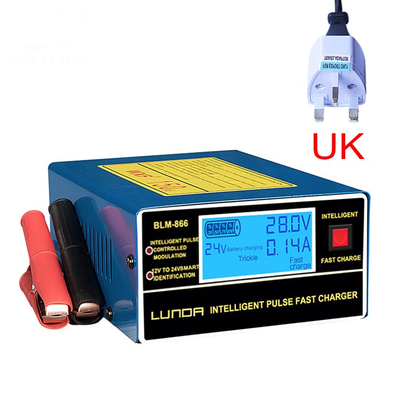 English LCD Display Full Automatic Car Battery Charger 150V/250V To 12V 24V Smart Fast Power Charging For Wet Dry Lead Acid: UK-Blue