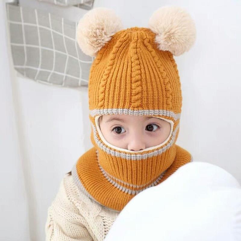 Chapeau d'automne et d'hiver pour filles | Bonnet pour enfants, bonnet en tricot, chapeau à Double boule en laine, chapeau à bretelles un pour enfants, chapeaux d'hiver,: YELLOW