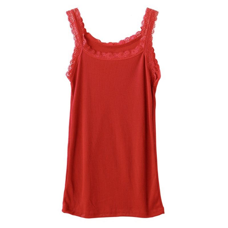 Vrouwen Zomer Mouwloze Tank Solid Candy Kleur Basic Hemdje Bloemen Kant Trim Geribbelde Gebreide Casual Ondergoed Slanke Vest: Red