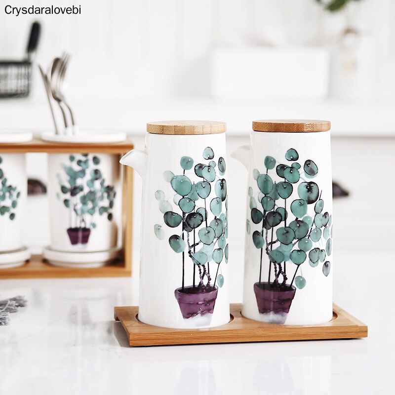 Nordic Groene Plant Home Keramische Kruiden Pot Eetstokjes Opslag Olie Pot Zout Shaker Combinatie Set Restaurant Keuken Benodigdheden