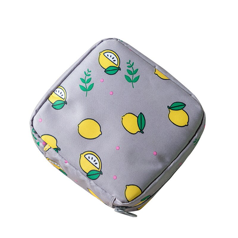 Portable large capacity sanitary napkin storage bag travel cosmetic storage makeup bag jewelry storage bag lipstick bag purse: C Gray  lemon