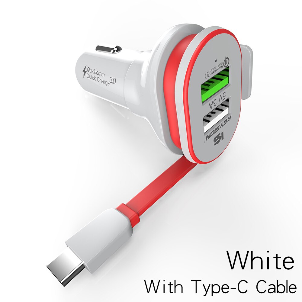 KEYSION-cargador rápido 3,0 para coche, adaptador de viaje para teléfono móvil con Cable, QC 3,0 + 5V/3A, 33W, 2 puertos