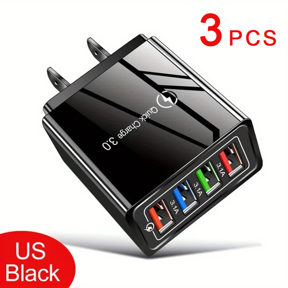 Cargador USB multipuerto de carga rápida 3,0, adaptador de teléfono, tableta, cargador de pared portátil, enchufe europeo y estadounidense, 3A, 4 USB