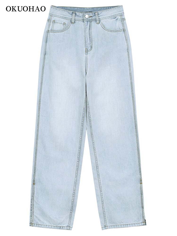 Okuohao hoge taille jeans rechte pijpen broek vrouwen wijde pijpen jeans losse mode boyfriend jeans items voor vrouwen