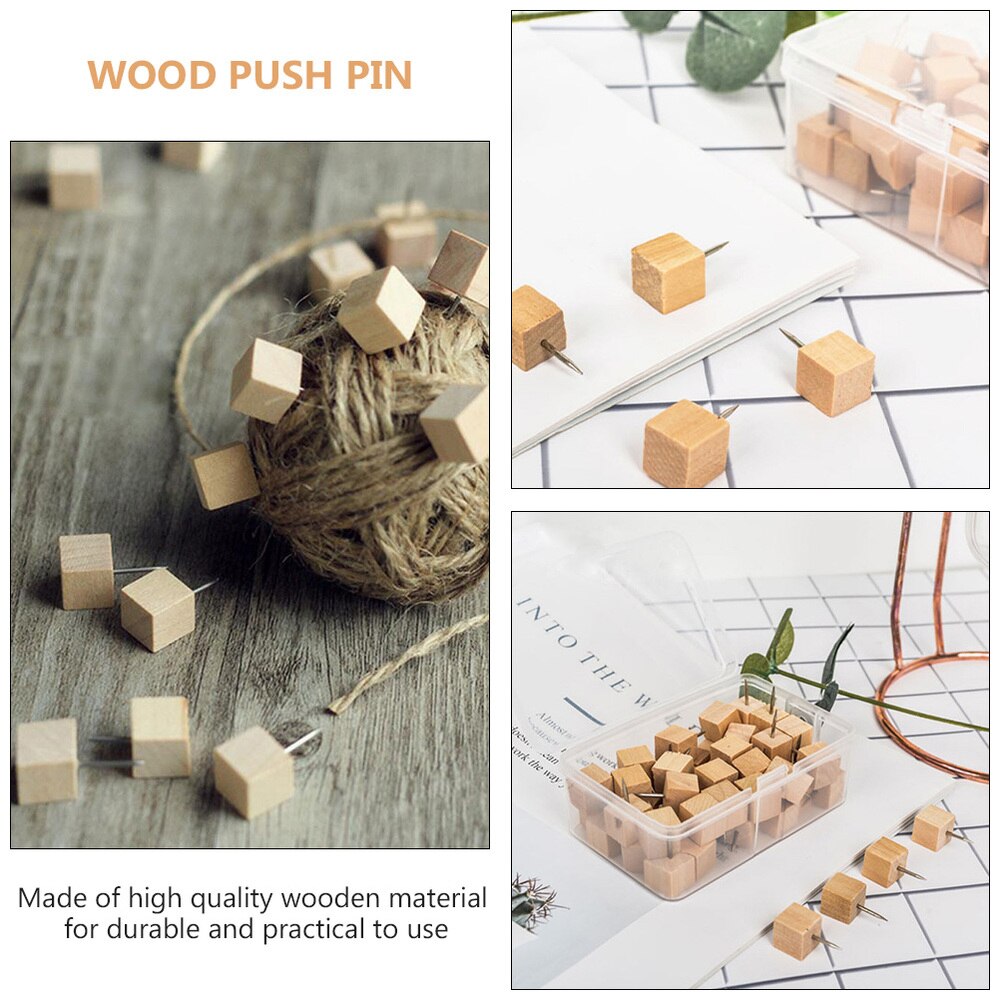 50 stuks houten punaises in vierkante vorm, houten punaises, kaartpunaise, houten kopspeld
