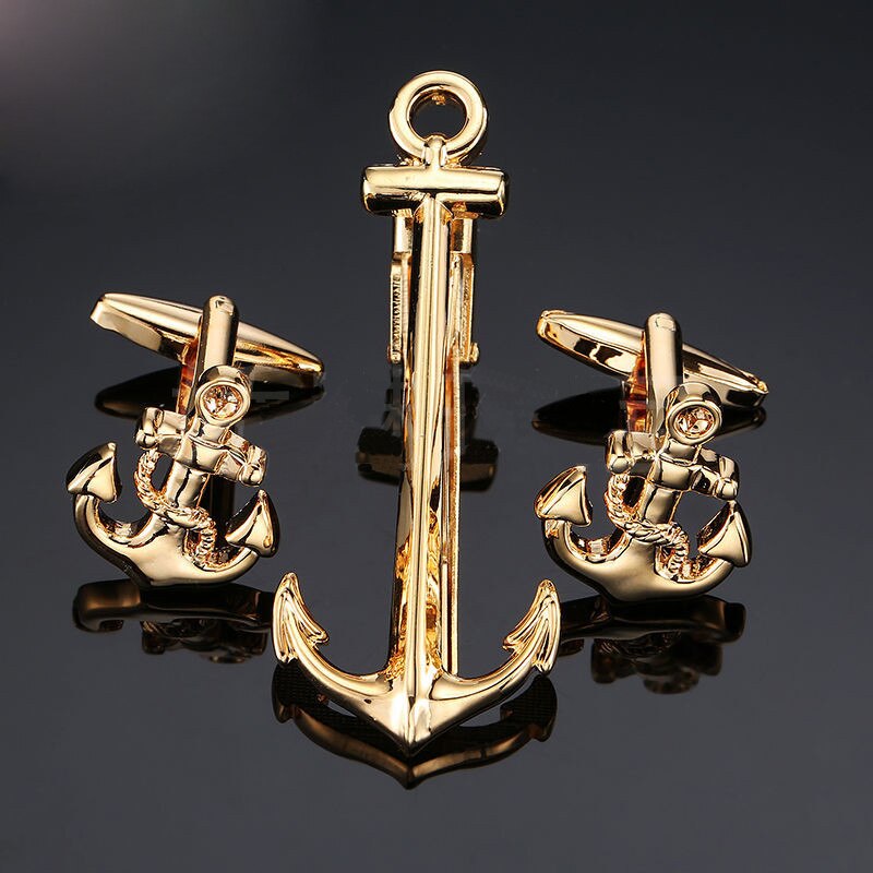 French Cufflinks Sets High Copper Material Men&#39;s Business Jewelry Golden Anchor Cuff Links Tie Clip Set: A