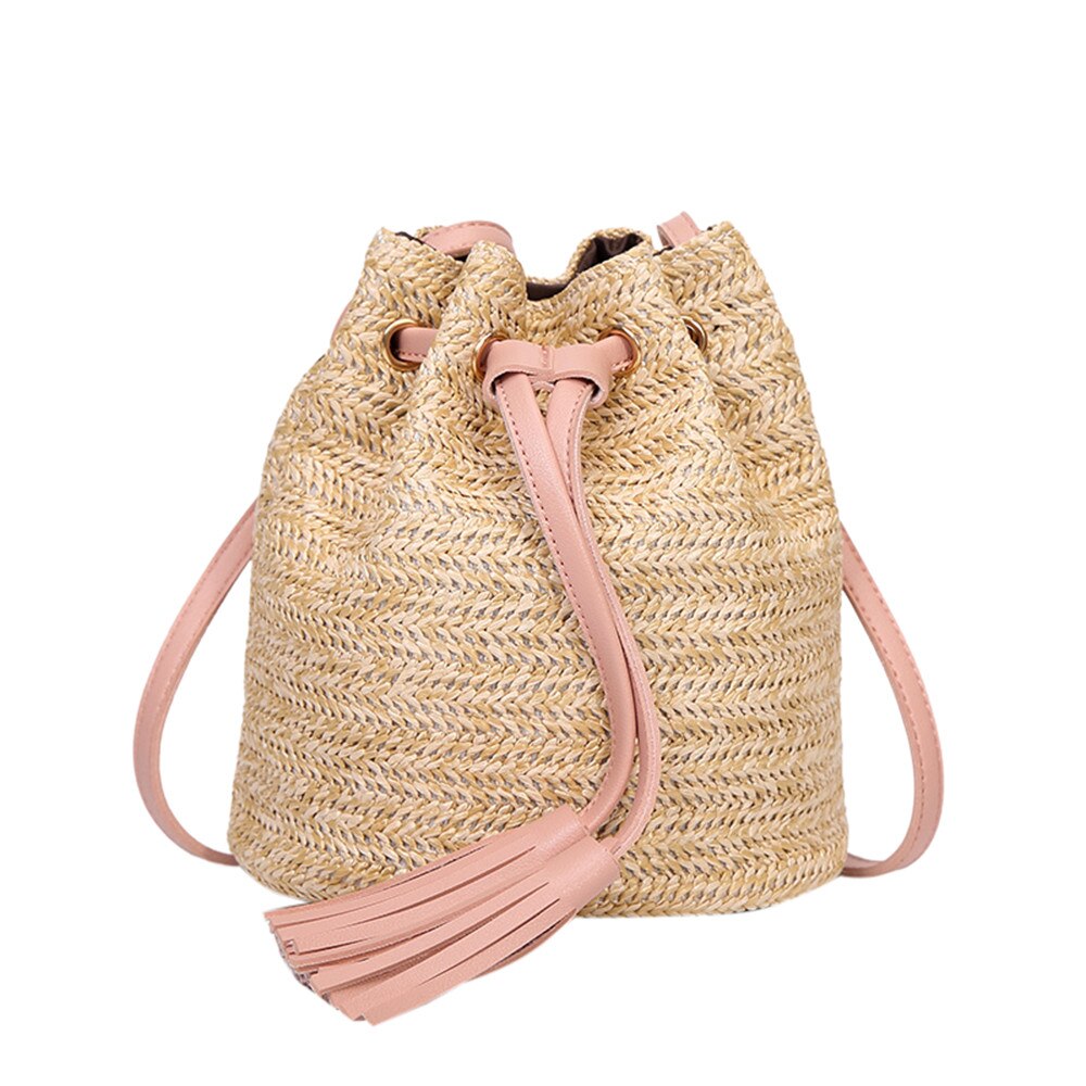 Frauen Taschen Stroh Strand Frauen Taschen fest Farbe Hohe Kapazität Weben Quasten Schulter Eimer Strand Taschen Für Frauen: Rosa