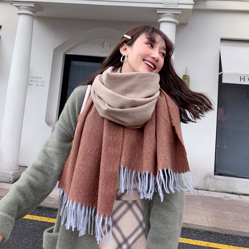 Winter Cashmere Scarf Women Thick Warm Shawls Wraps Lady Tie Dye Scarves Tassels Pashmina Blanket: Coffee