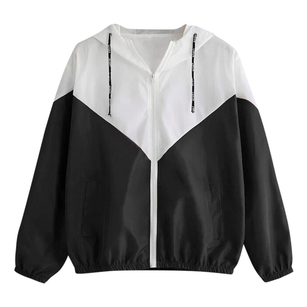 Frauen Langarm Jacke Patchwork Dünne Skinsuits Mit Kapuze Reißverschluss Taschen Sport Mantel Ich bin Freien Wandern Reiten Jacken Mantel Kleidung: Schwarz / XL