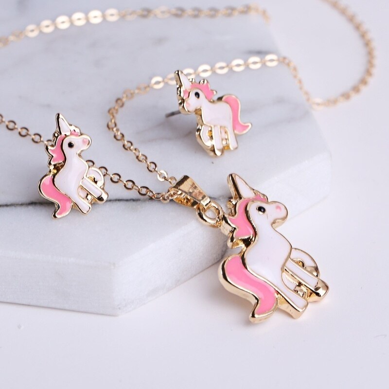 4 stks/set Paarse Ketting Oorbellen Cartoon Eenhoorn Ketting Oorbel Sieraden Meisjes Sieraden Oorbel en Ketting Set