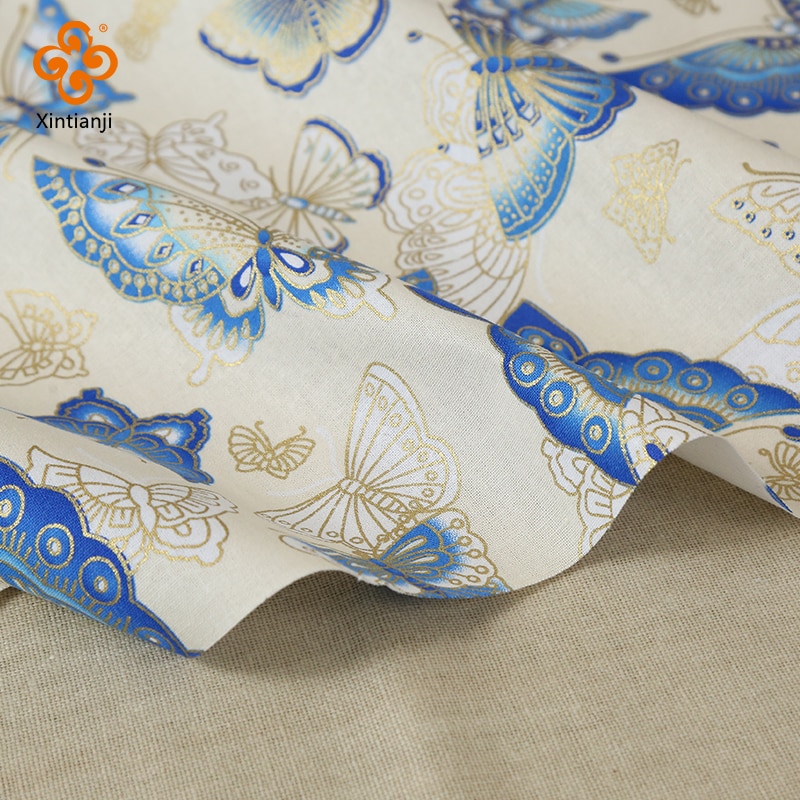 Bronze trykt bomuldsstof blå japansk stil sommerfuglemønster stof til kimono diy håndlavet tilbehør håndværk  tj0451