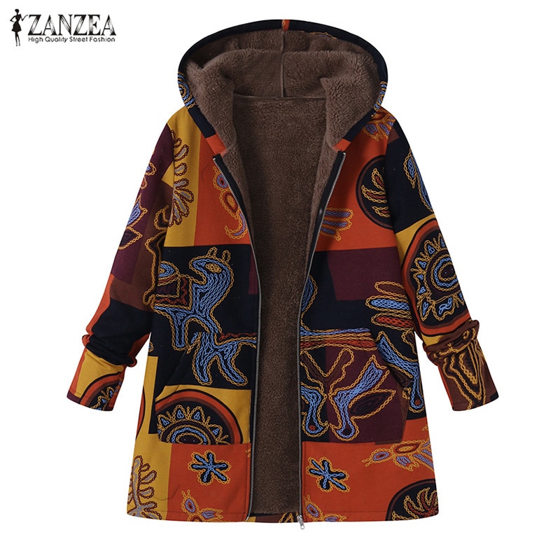 Plus Size ZANZEA Winter Herfst Lange Mouw Basic Bovenkleding Vrouwen Retro Hooded Etnische Gedrukt Faux Pluizige Dunne Jas Jassen