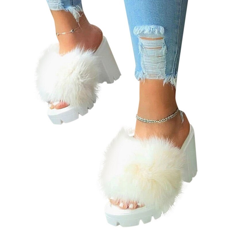 Plus Size 43 Women Furry Sandal Ladies Shoe Cute Plush Fluffy Sandals High Heels Platform Outdoor Slippers Zapatillas Casa Mujer: 43
