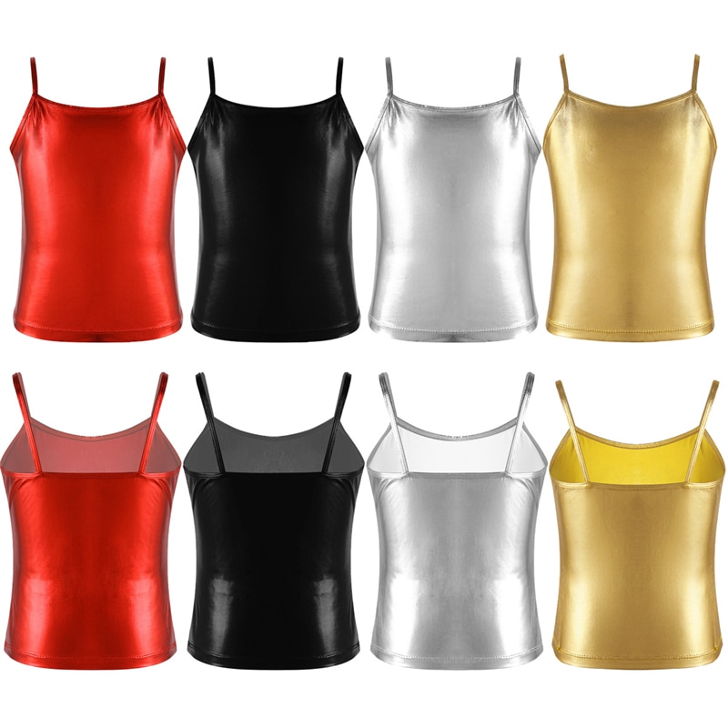 Grote Meisjes Spaghetti Schouderbandjes Glanzend Metallic Hemdje Tank Tops voor Ballet Dans Concurrentie Stage Performance Kleding